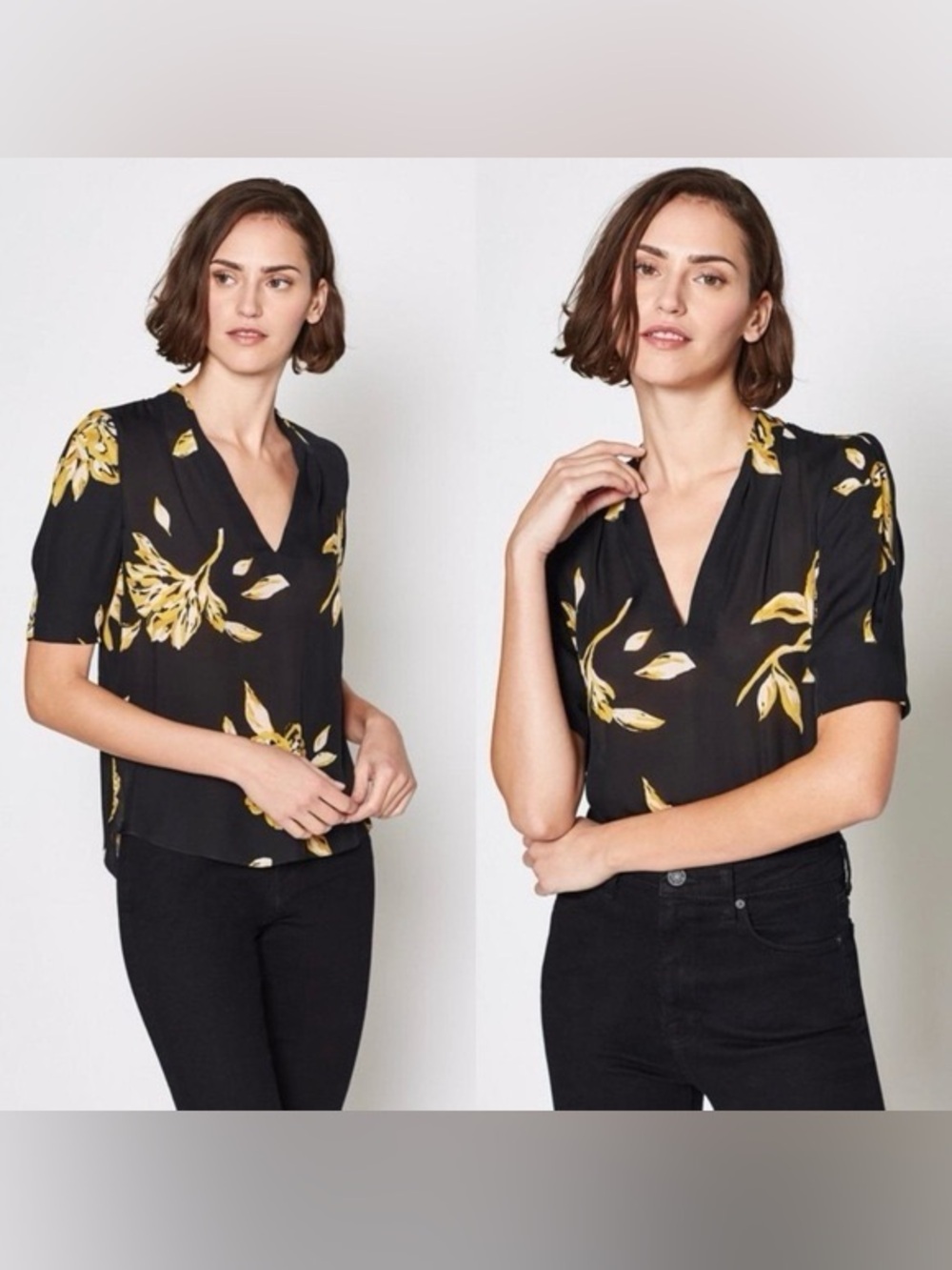 Joie Ance floral 100% silk V-neck puff sleeve caviar blouse yellow gold black S